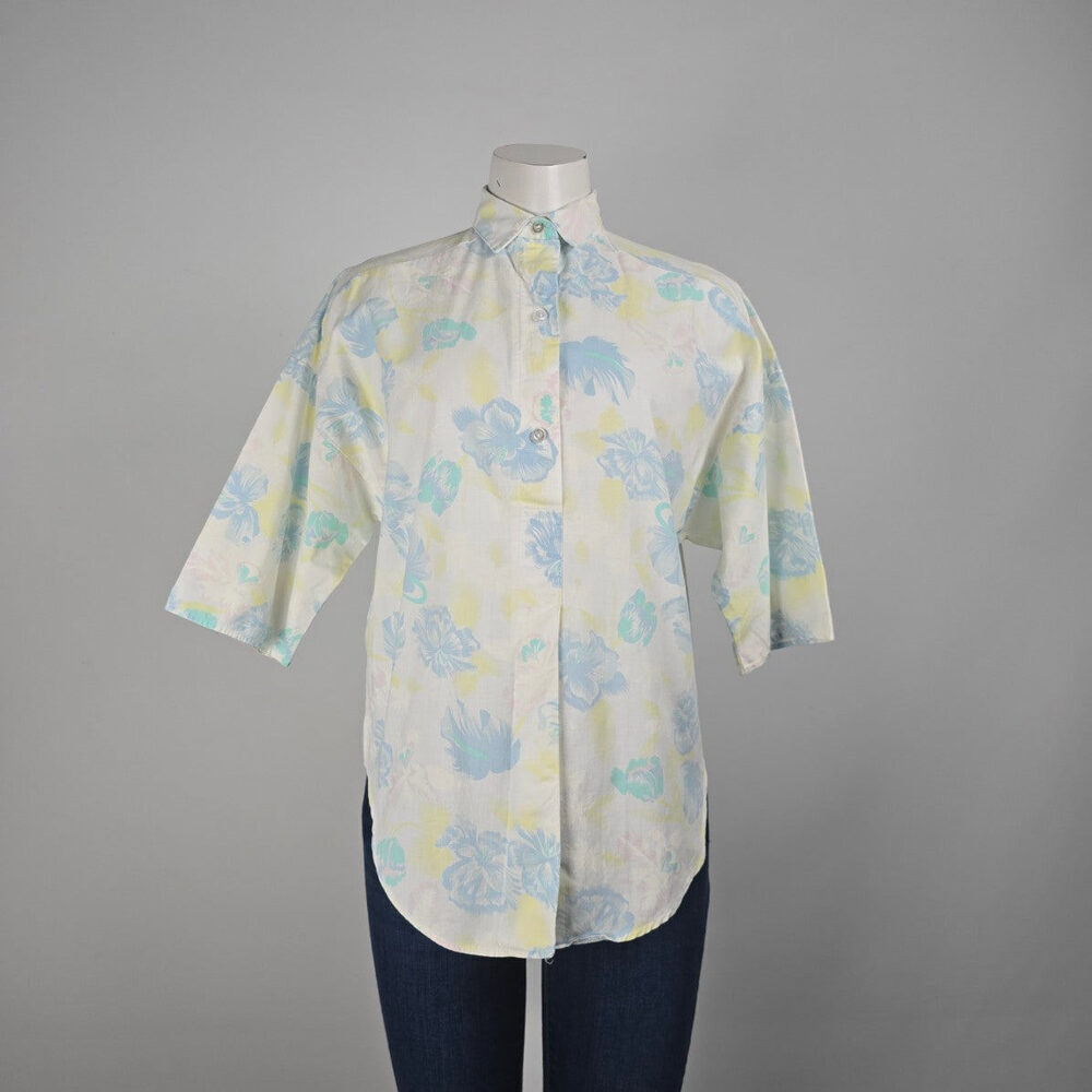 Vintage Sky Path Floral Button Up Short Sleeve Blouse Size L
